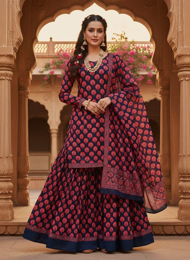 Red Ethnic Carnation Buti Pure Chinon Digital Printed Fabric