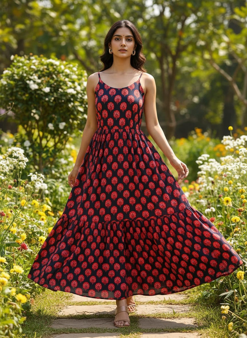 Beautiful Red Floral Over Dark Blue Base Printed Fabric