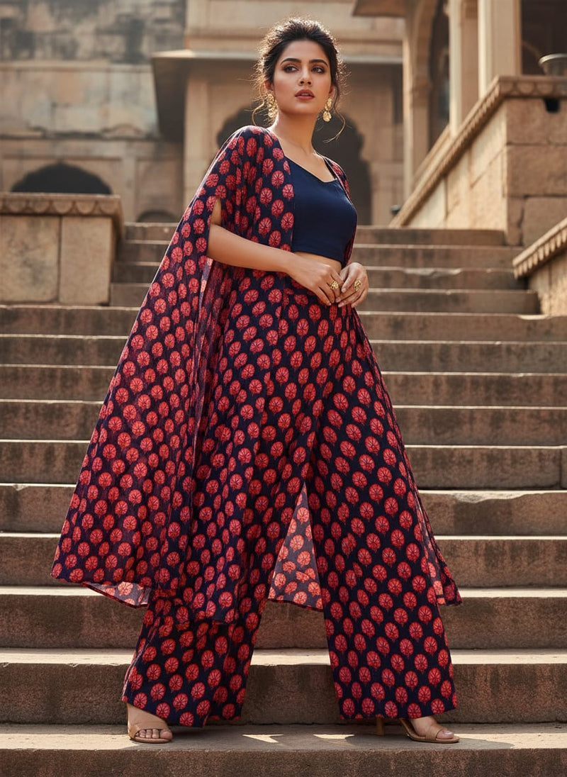 Beautiful Red Floral Over Dark Blue Base Printed Fabric