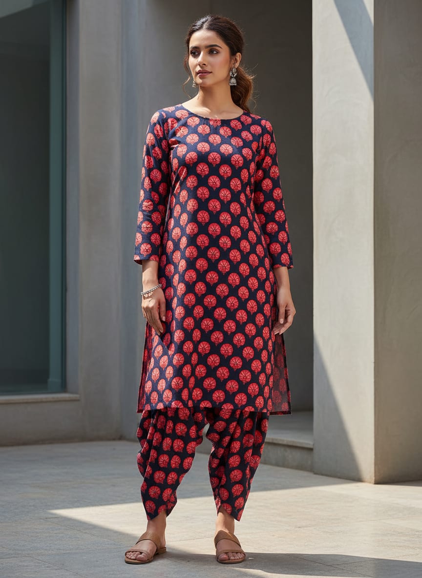 Beautiful Red Floral Over Dark Blue Base Printed Fabric