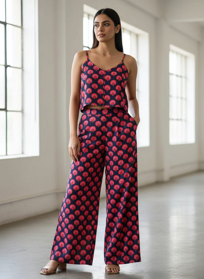 Beautiful Red Floral Over Dark Blue Base Printed Fabric