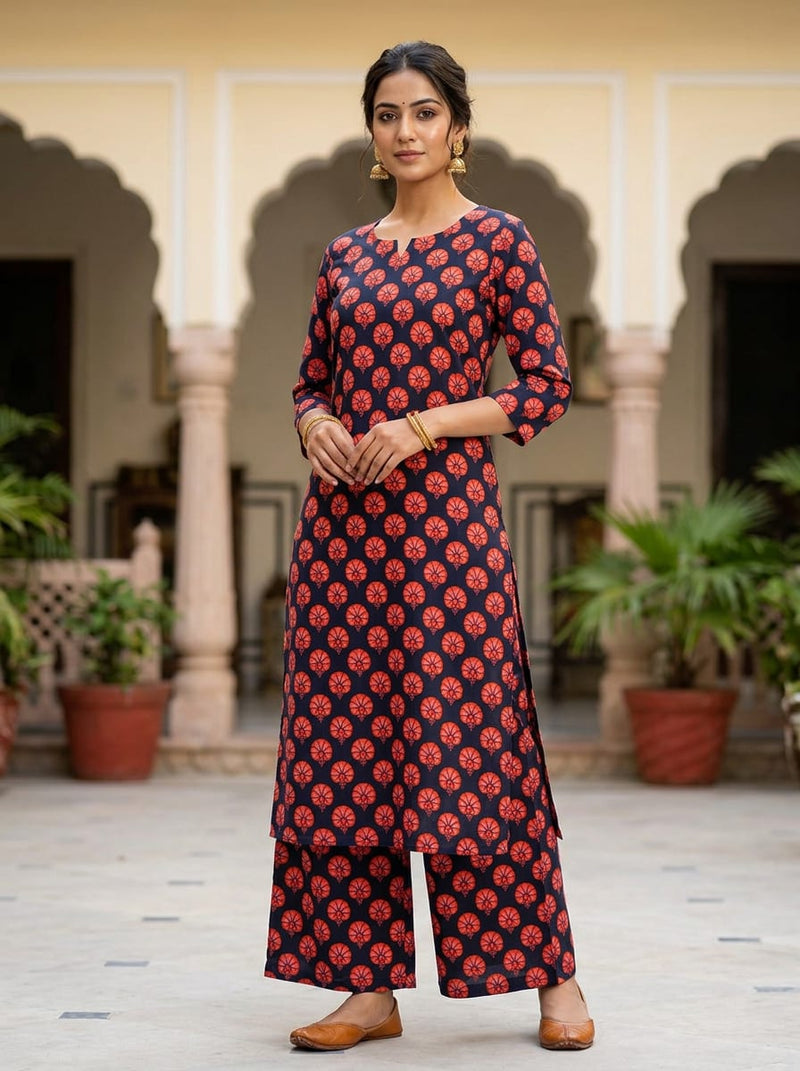 Navy Ethnic Carnation Buti Pure Cotton Digital Printed Fabric