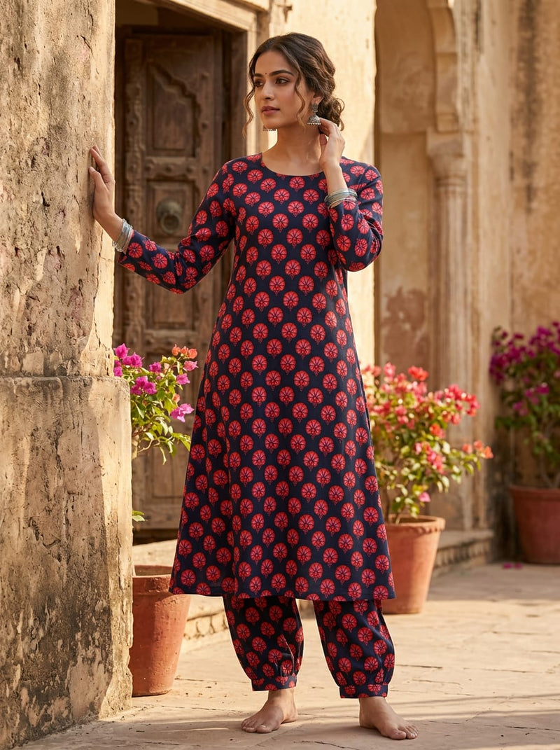 Navy Ethnic Carnation Buti Pure Cotton Digital Printed Fabric