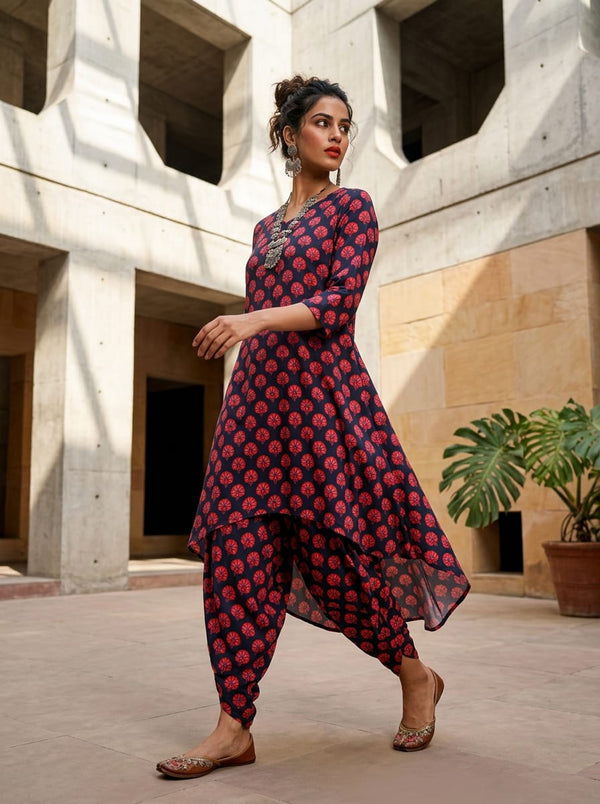 Navy Ethnic Carnation Buti Pure Cotton Digital Printed Fabric - Asymmetric Tunic with Dhoti Pants Lookbook - PCO-0-TA01245-108 - alternate view