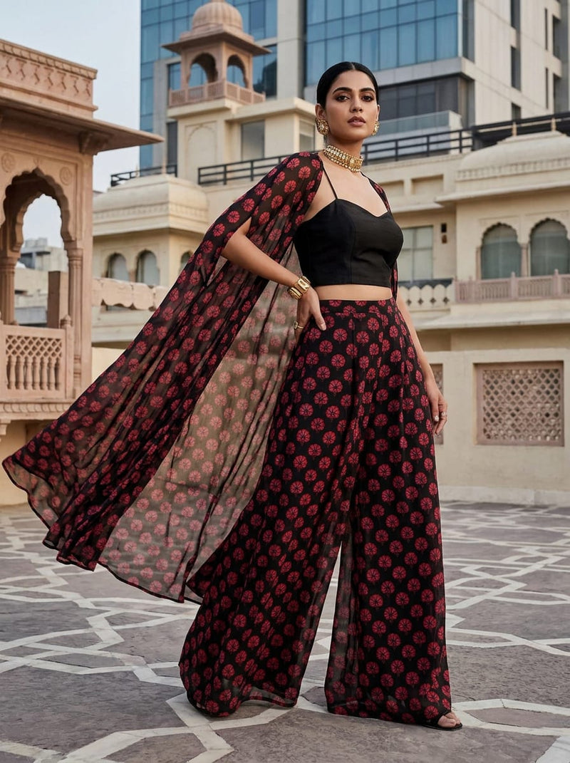 Black Ethnic Floral Motif Pure Georgette Digital Printed Fabric