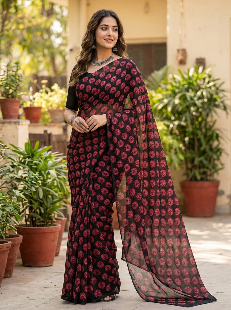 Black Ethnic Floral Motif Pure Georgette Digital Printed Fabric