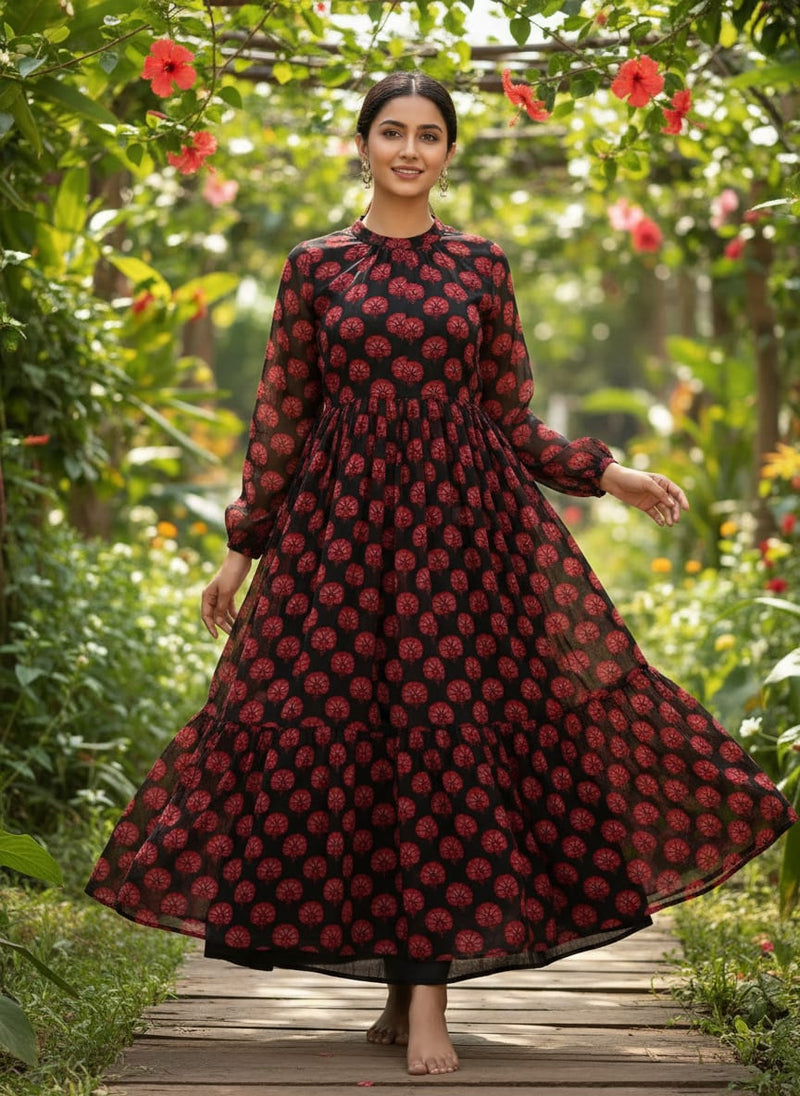 Beautiful Red Floral Over Dark Blue Base Printed Fabric