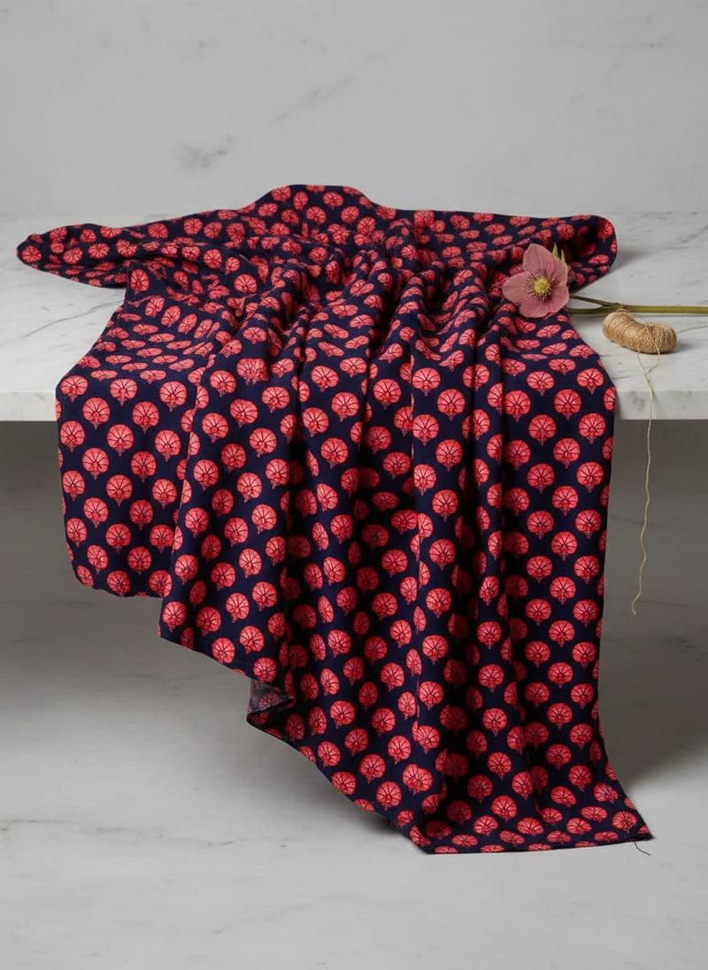 Beautiful Red Floral Over Dark Blue Base Printed Fabric