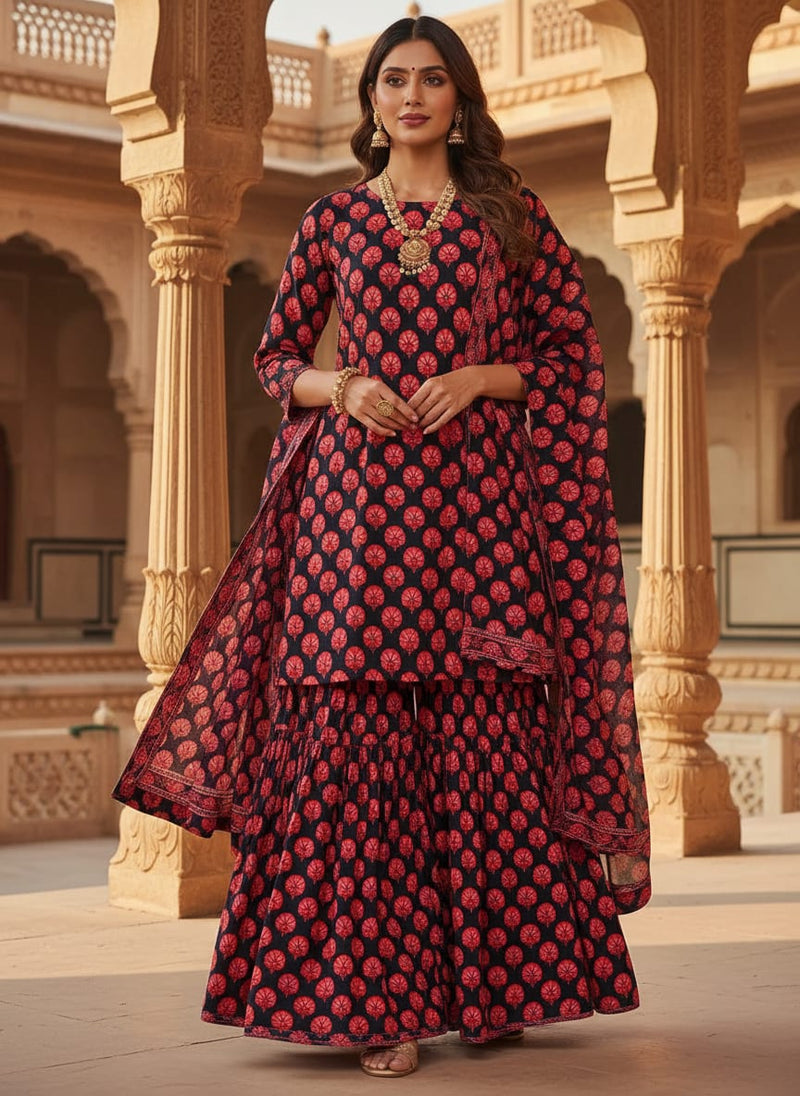 Red Ethnic Carnation Floral Buti Weightless Digital Printed Fabric