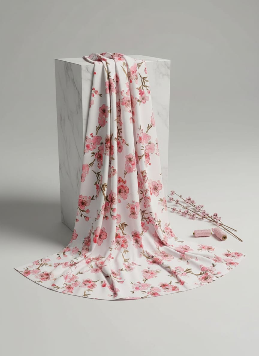 Pink Watercolour Sakura Blossom Jam Satin Digital Printed Fabric