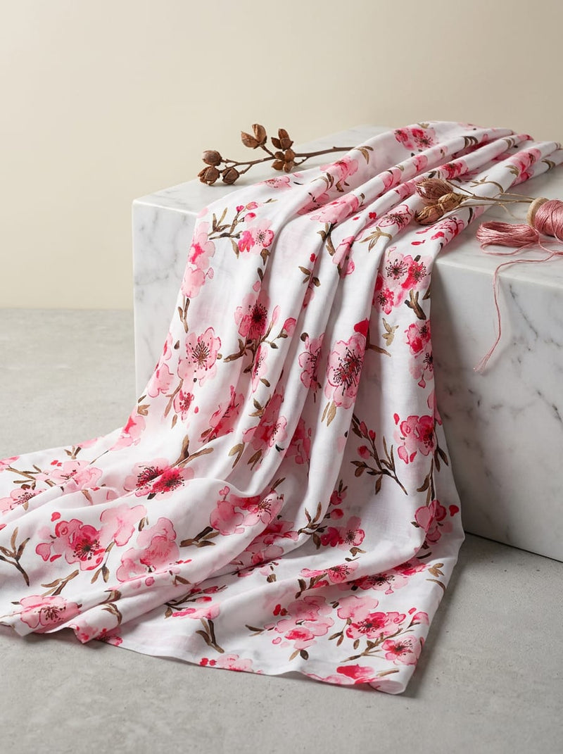 Pink Cherry Blossom Floral Muslin Digital Printed Fabric