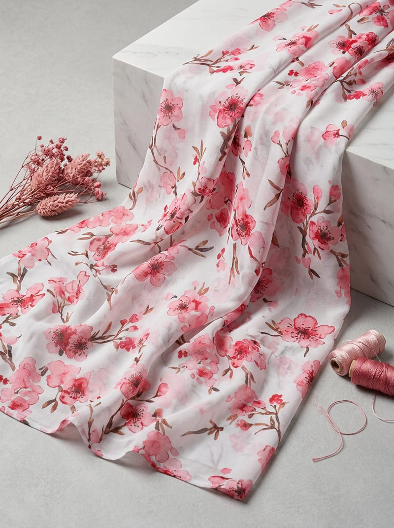 Pink Watercolour Cherry Blossom Floral Pure Georgette Digital Printed Fabric