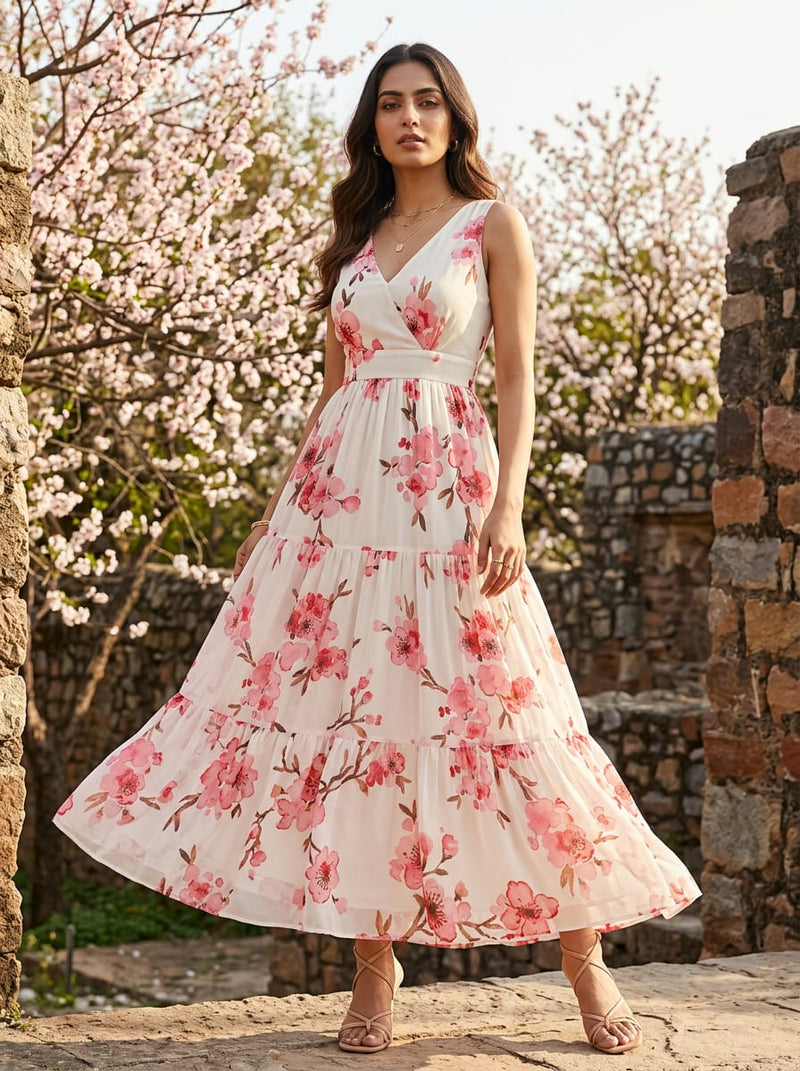 Pink Watercolour Cherry Blossom Floral Pure Georgette Digital Printed Fabric