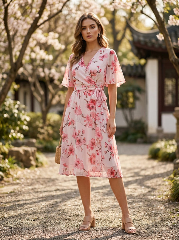 Pink Watercolour Cherry Blossom Floral Pure Georgette Digital Printed Fabric - Wrap Dress Lookbook - PG-0-TA06840P1-110 - alternate view
