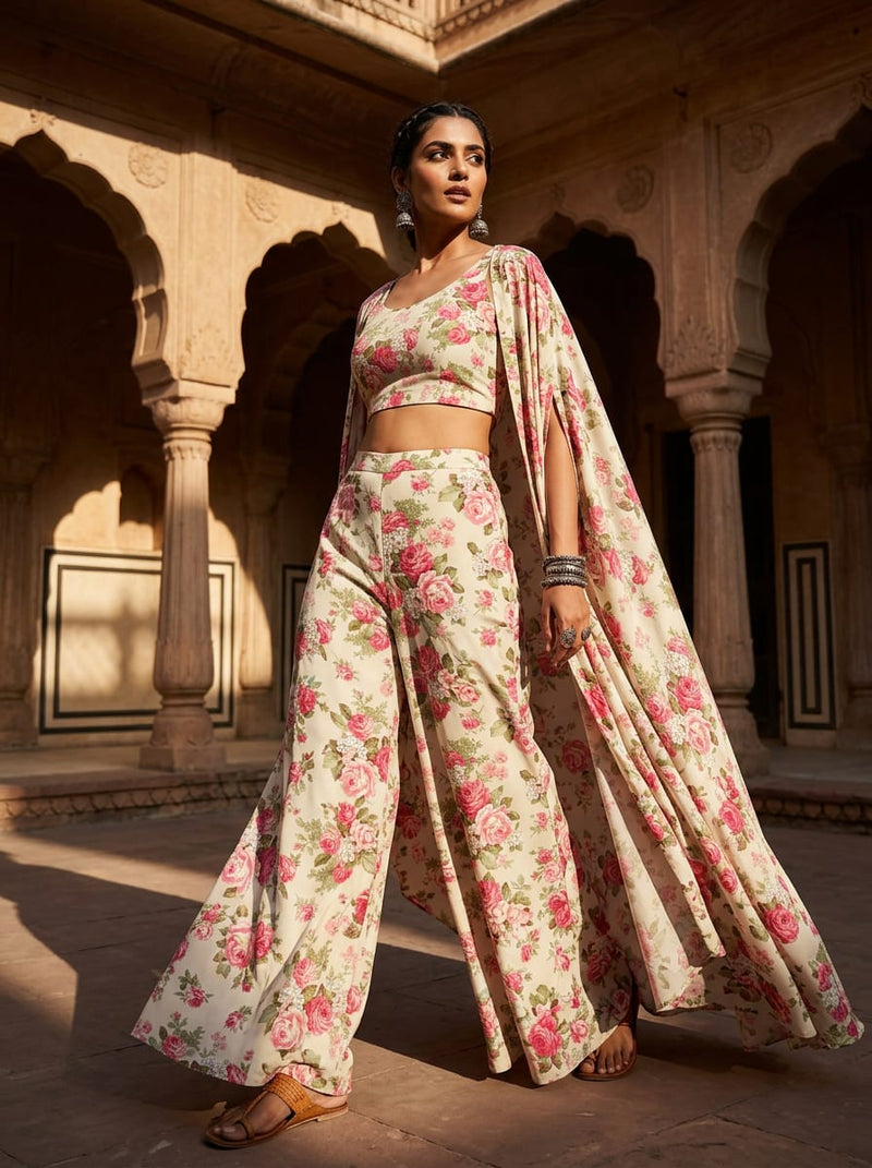 Cream Vintage Rose Floral Silk Crepe Digital Printed Fabric
