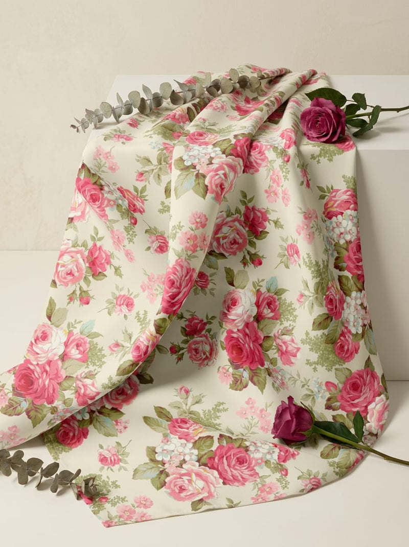 Cream Vintage Rose Floral Silk Crepe Digital Printed Fabric