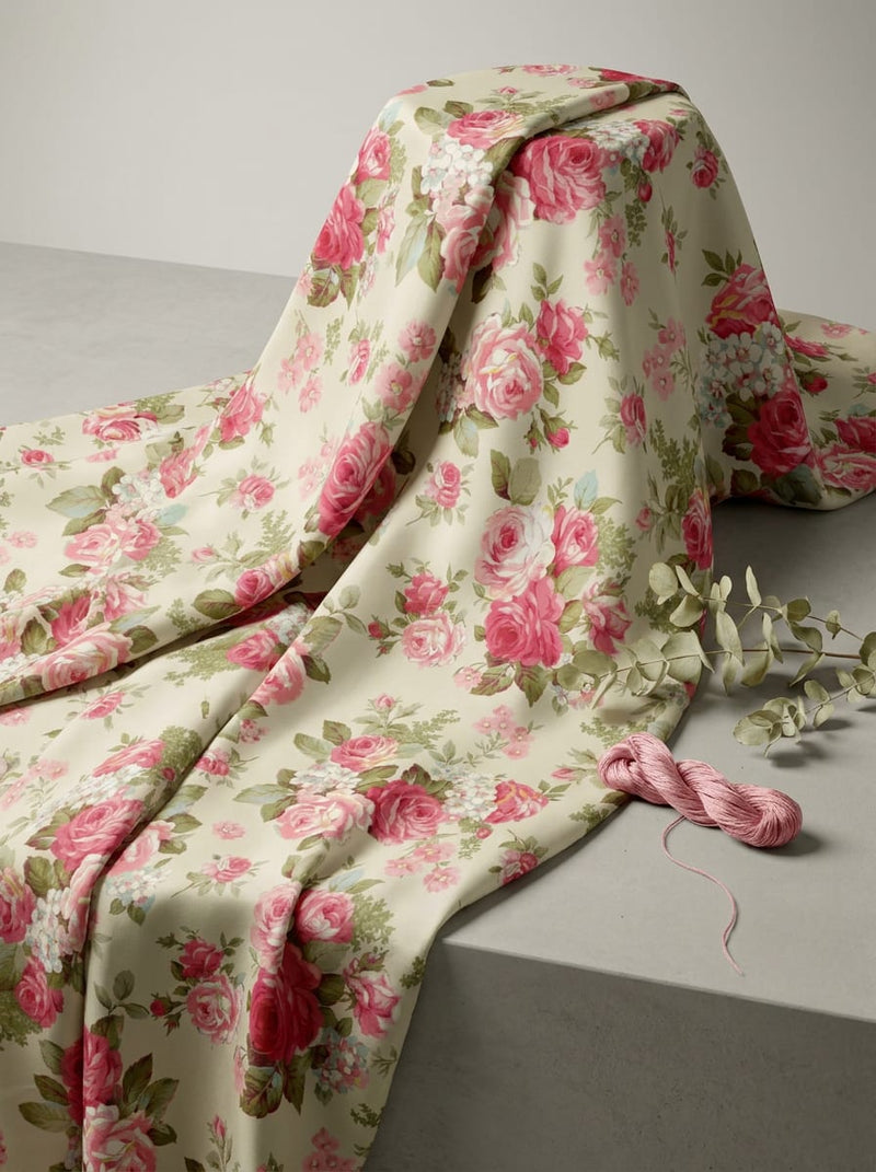Cream Vintage Rose Bouquet Floral Kora Silk Digital Printed Fabric