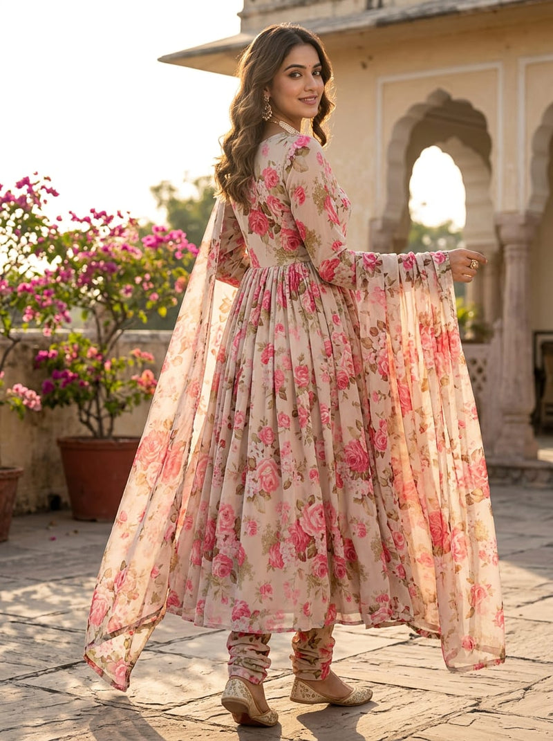 Pink Vintage Rose Floral Pure Georgette Digital Printed Fabric