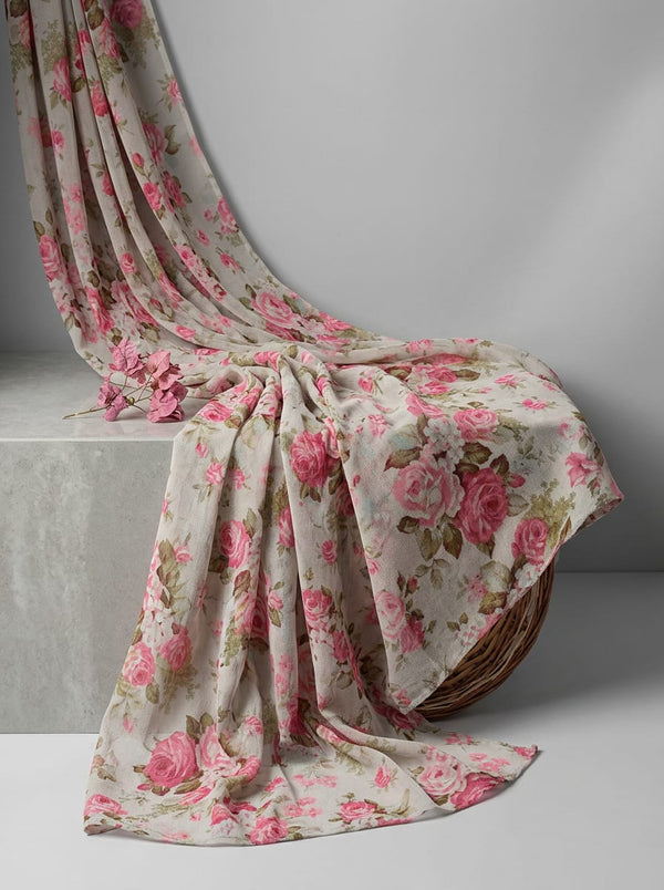 Pink Vintage Rose Floral Pure Georgette Digital Printed Fabric - Fabric Editorial Studio Flatlay Lookbook - PG-0-MA09113-110