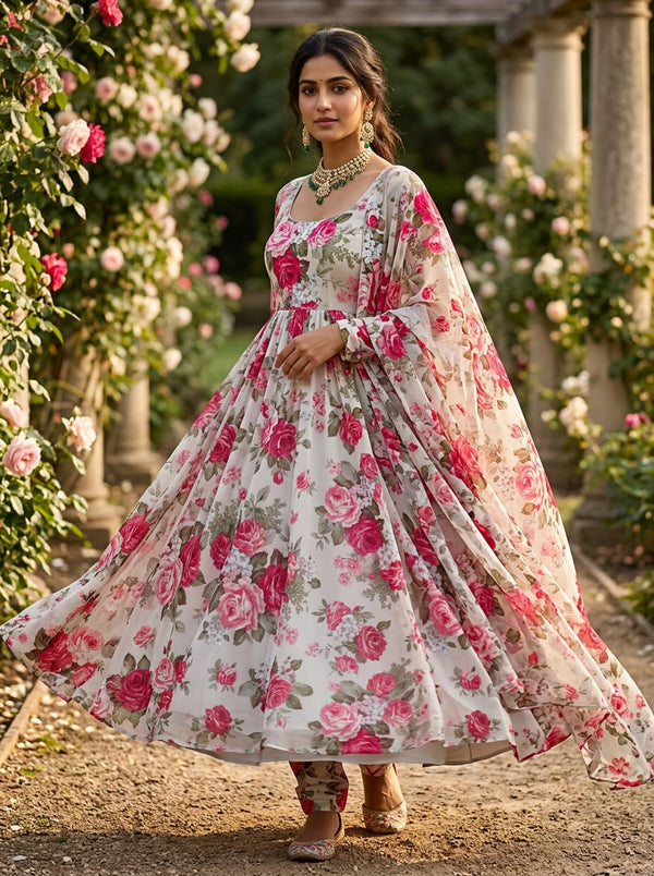 Pink and Red Vintage Rose Floral Weightless Digital Printed Fabric - Anarkali Kurta Set Lookbook - WE-0-MA09113-110 - alternate view
