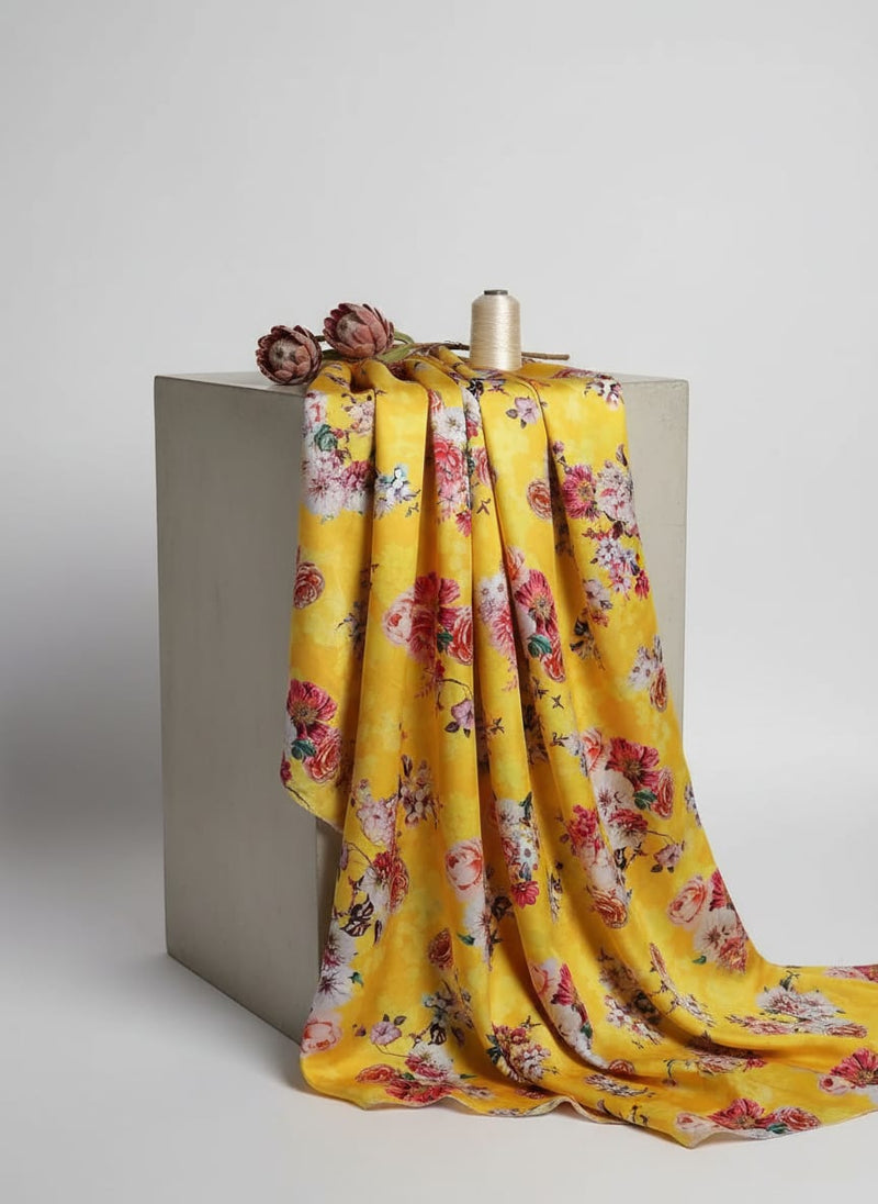 Beautiful Yellow Base Floral Bunch Digital Printed Fabric