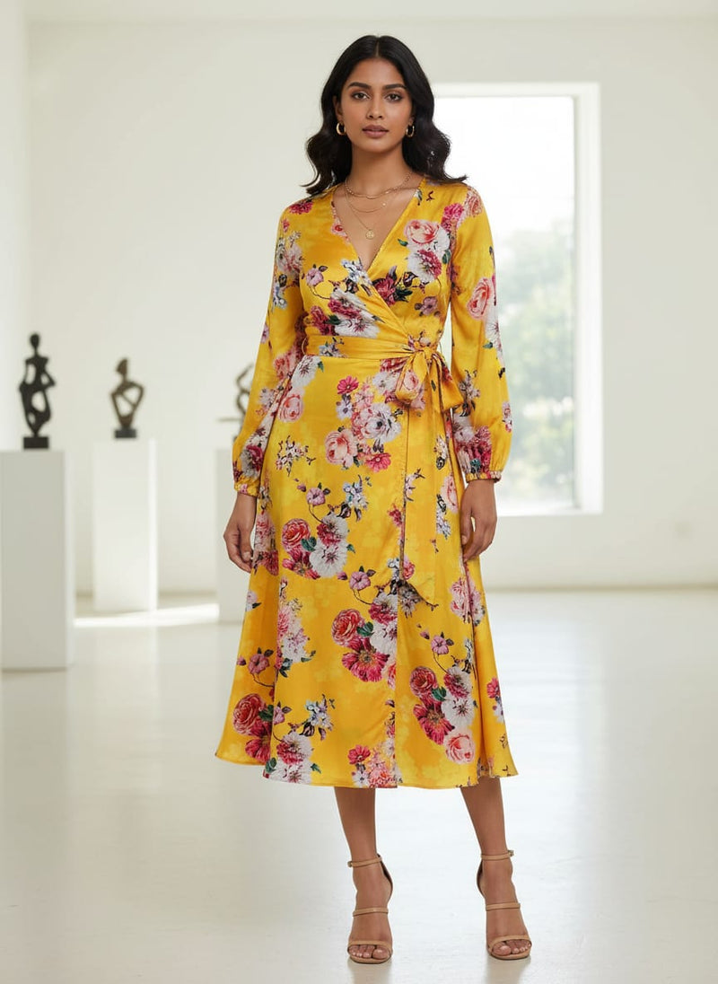 Beautiful Yellow Base Floral Bunch Digital Printed Fabric