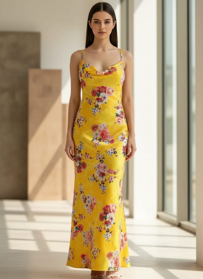 Yellow Mixed Floral Bouquets Japan Satin Digital Printed Fabric