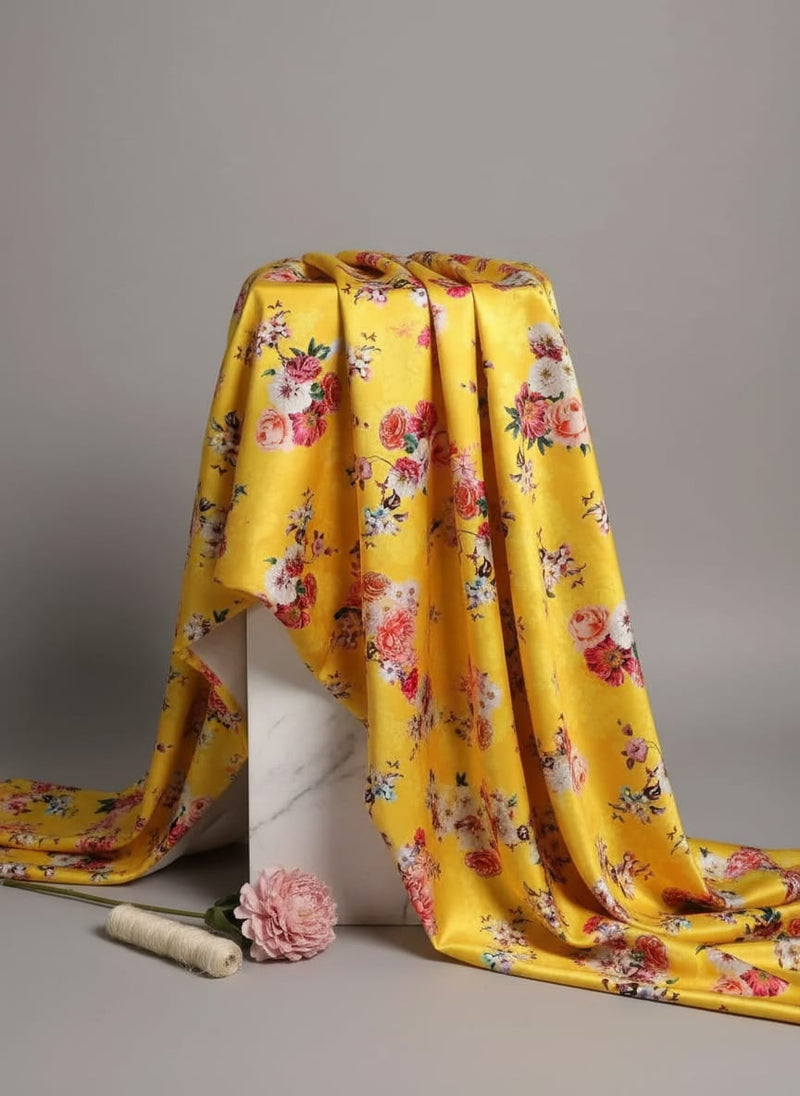 Yellow Mixed Floral Bouquets Japan Satin Digital Printed Fabric