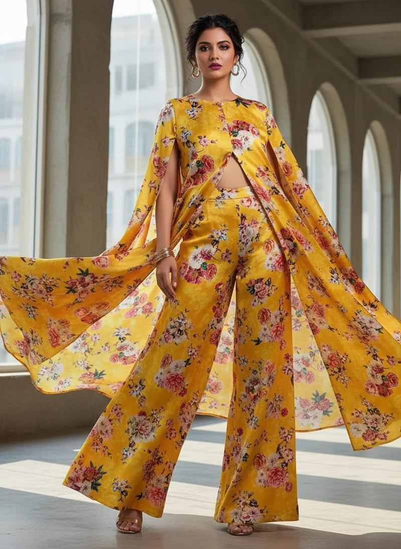 Yellow Mixed Floral Bouquets Japan Satin Digital Printed Fabric