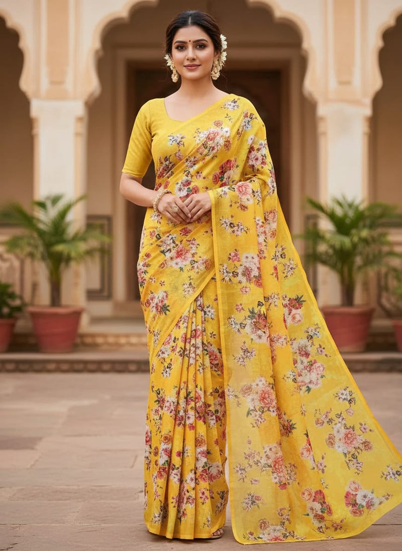 Beautiful Yellow Base Floral Bunch Digital Printed Fabric