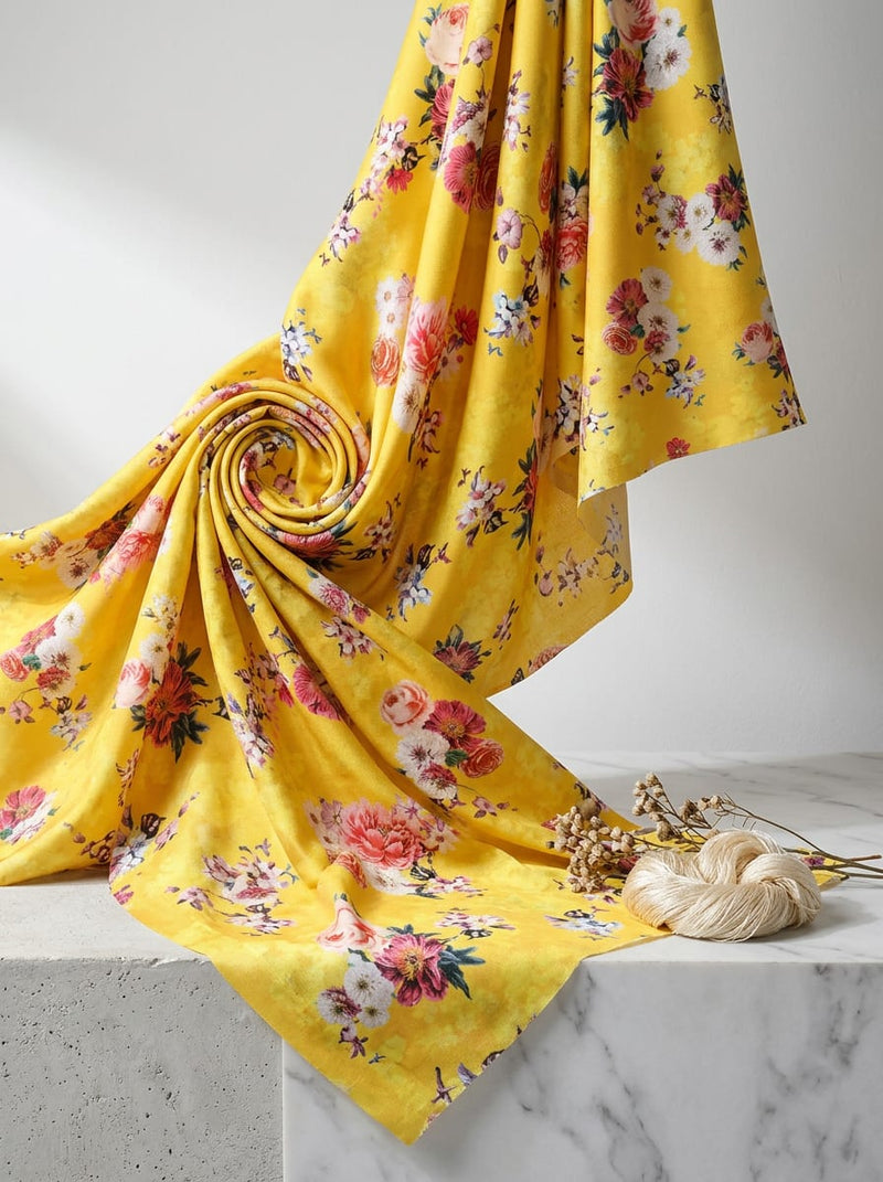 Yellow Scattered Floral Bouquets Kora Silk Digital Printed Fabric
