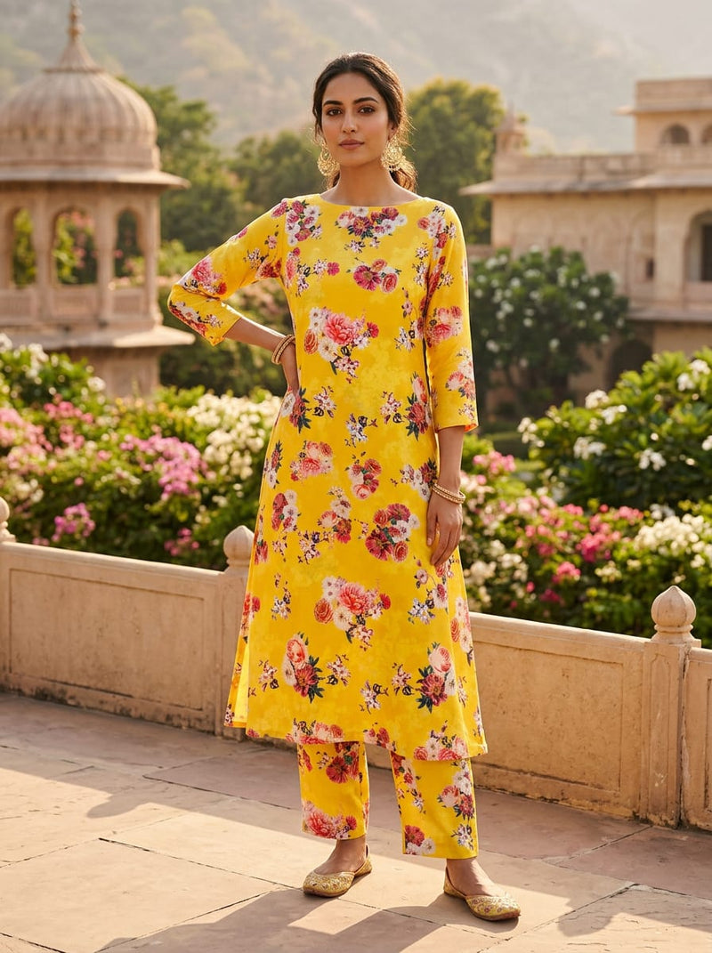 Yellow Scattered Floral Bouquets Kora Silk Digital Printed Fabric