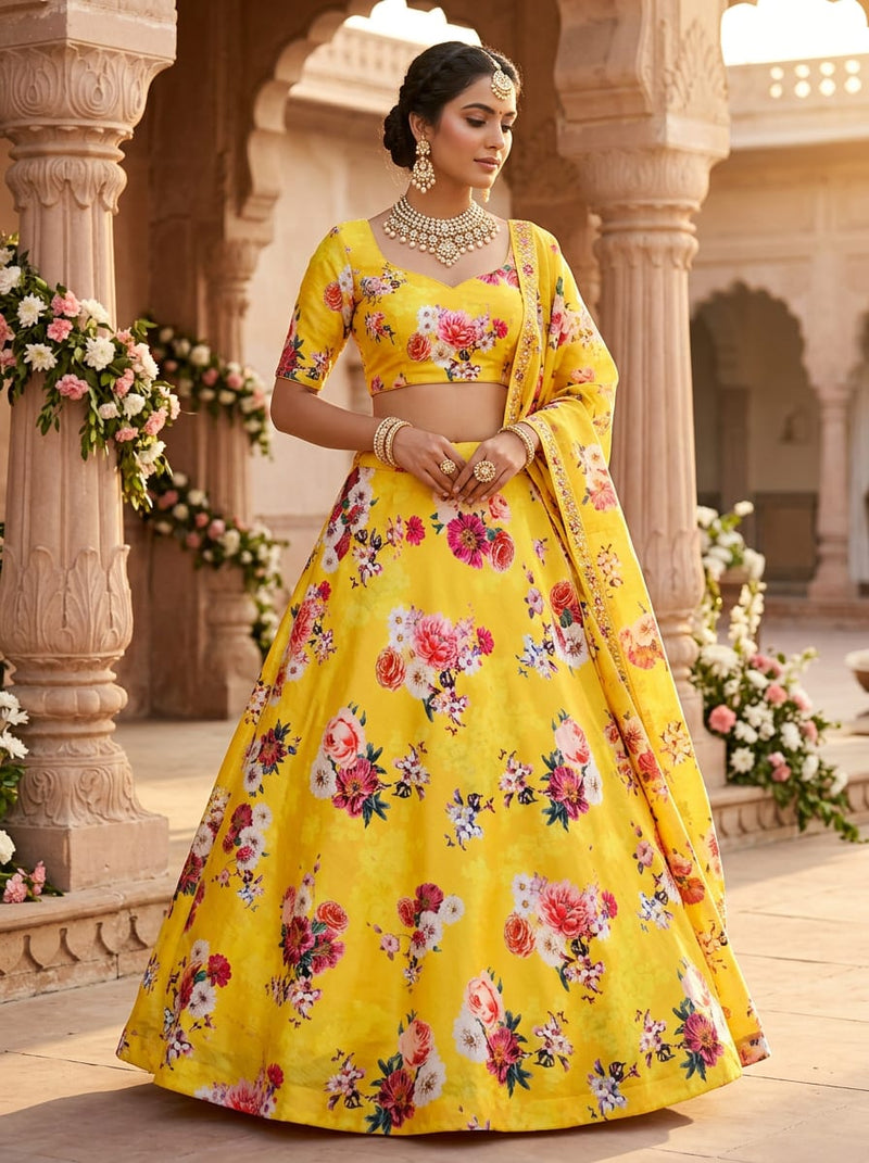 Yellow Scattered Floral Bouquets Kora Silk Digital Printed Fabric