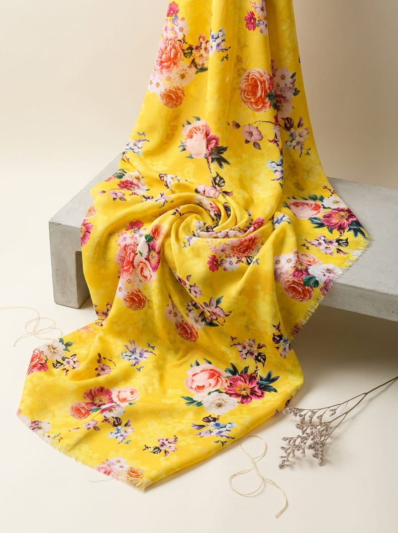 Yellow Colorful Botanical Bloom Muslin Digital Printed Fabric