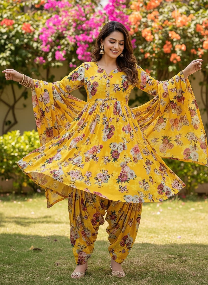 Yellow Vibrant Botanical Floral Bouquet Pure Cotton Digital Printed Fabric