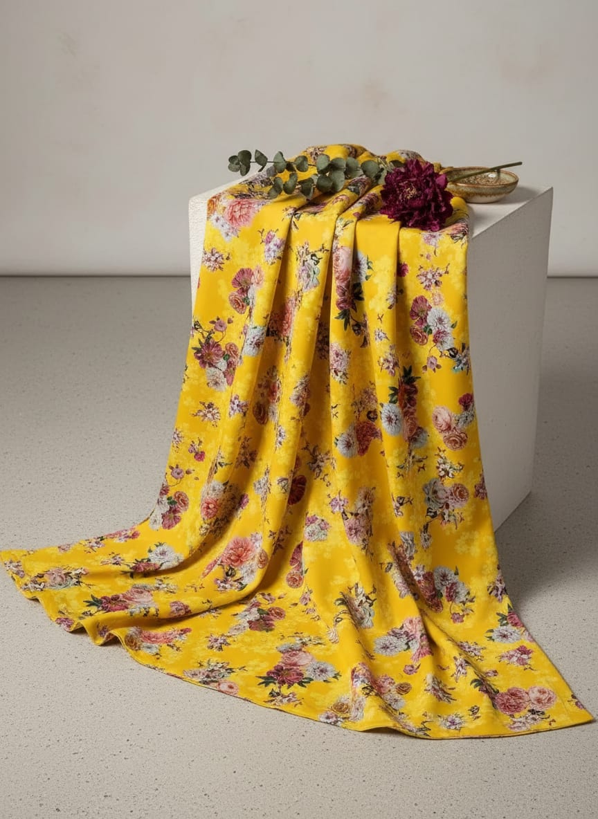 Beautiful Yellow Base Floral Bunch Digital Printed Fabric