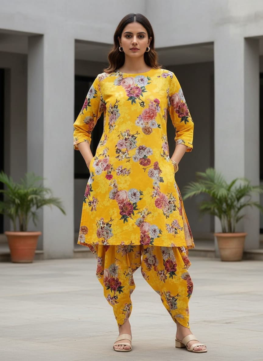 Beautiful Yellow Base Floral Bunch Digital Printed Fabric