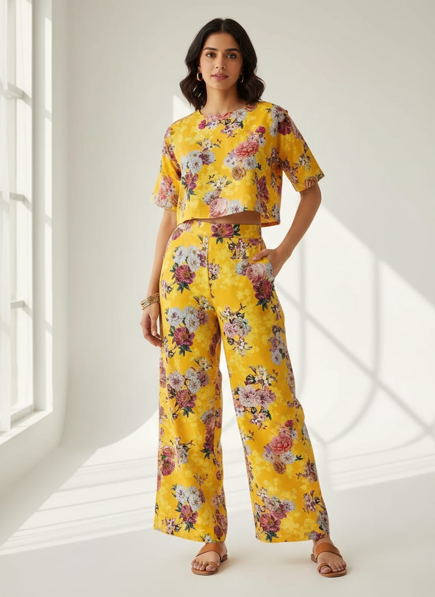Beautiful Yellow Base Floral Bunch Digital Printed Fabric