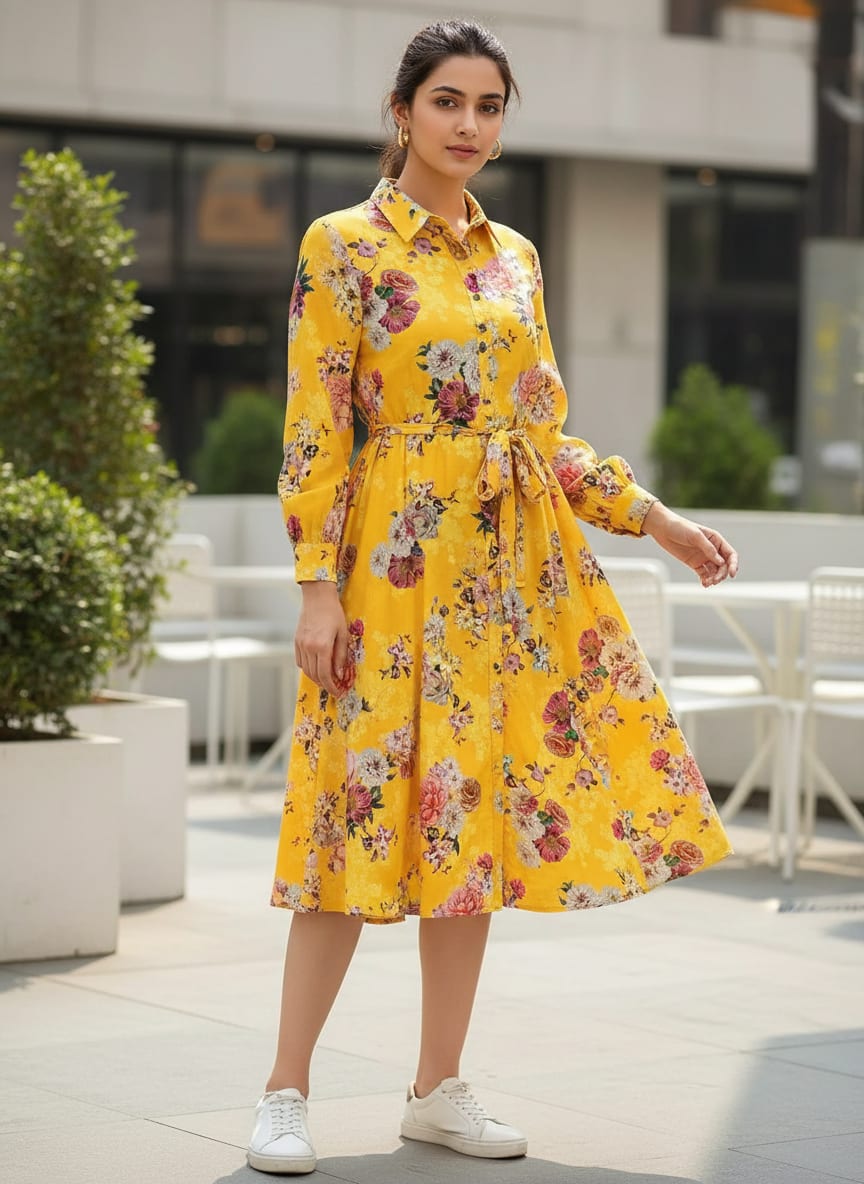 Yellow Vibrant Botanical Floral Bouquet Pure Cotton Digital Printed Fabric