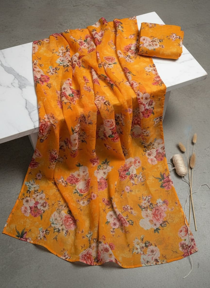 Yellow Vibrant Floral Bloom Pure Georgette Digital Printed Fabric