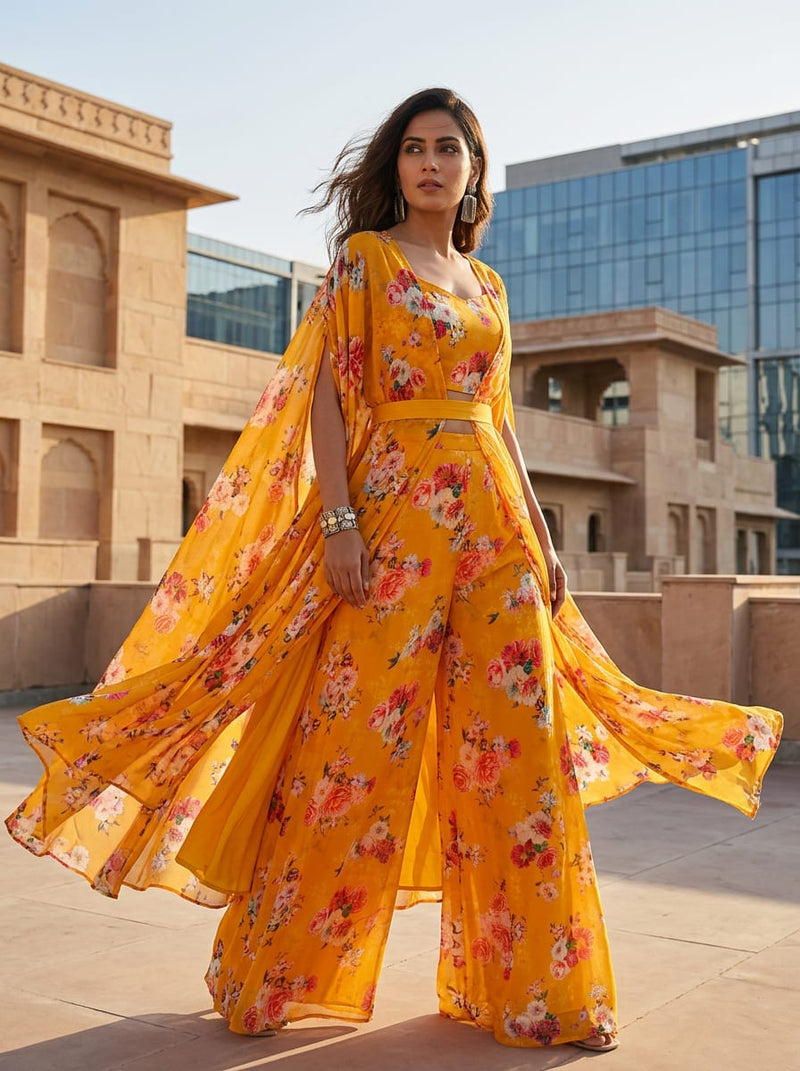 Yellow Vibrant Floral Bloom Pure Georgette Digital Printed Fabric