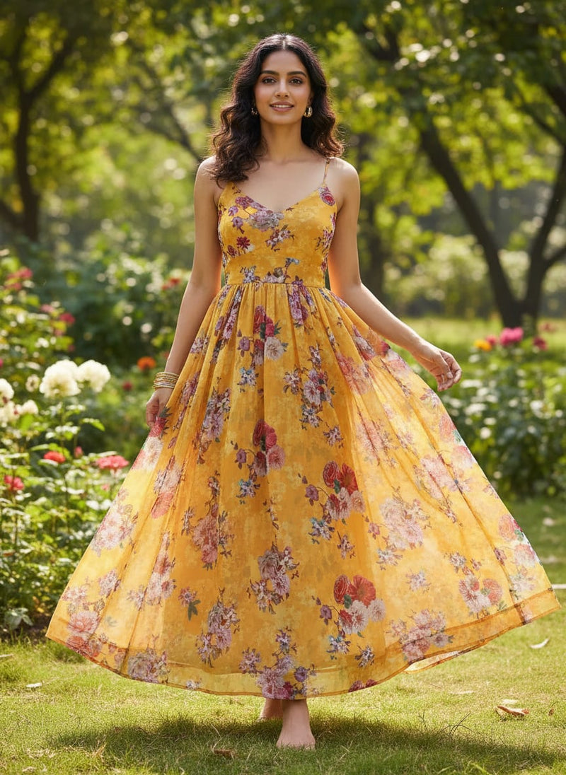 Yellow Vibrant Watercolor Floral Bouquets Weightless Digital Printed Fabric