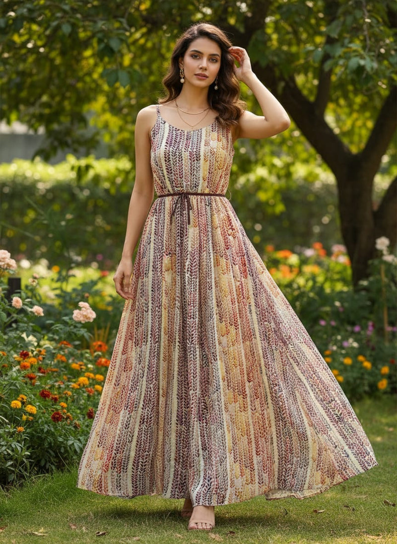 Multicolor Watercolor Botanical Stripe Pure Chiffon Digital Printed Fabric