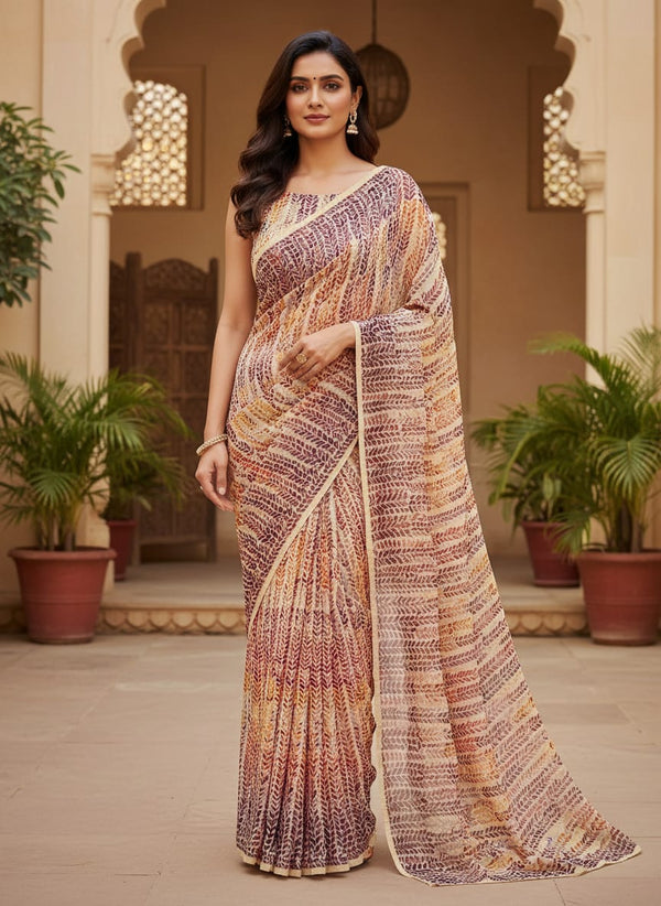 Multicolor Watercolor Botanical Stripe Pure Chiffon Digital Printed Fabric - Saree Lookbook - PCH-0-TA01155-96 - alternate view