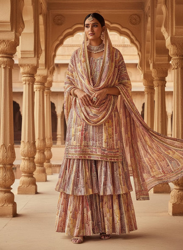 Multicolor Watercolor Botanical Leaf Stripes Pure Chinon Digital Printed Fabric - Sharara Set Lookbook - PC-0-TA01155-106 - alternate view