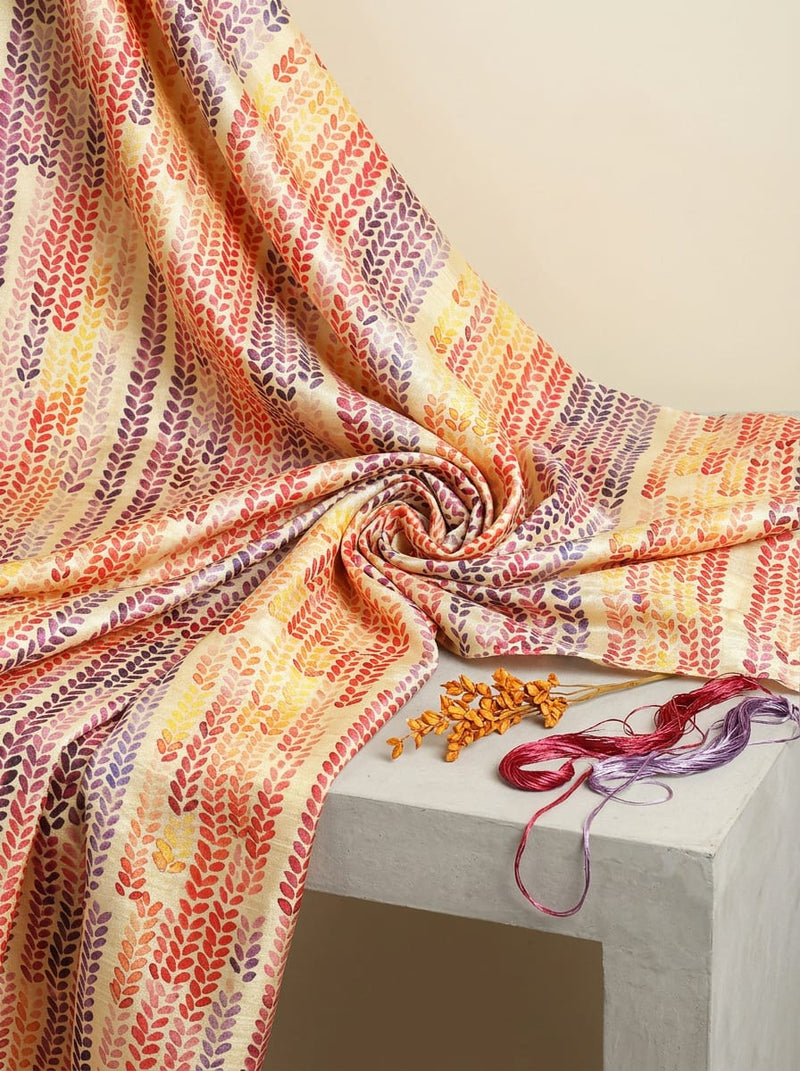 Multicolor Watercolor Leaf Stripe Tusser Silk Digital Printed Fabric