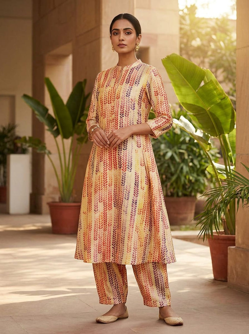 Multicolor Watercolor Leaf Stripe Tusser Silk Digital Printed Fabric