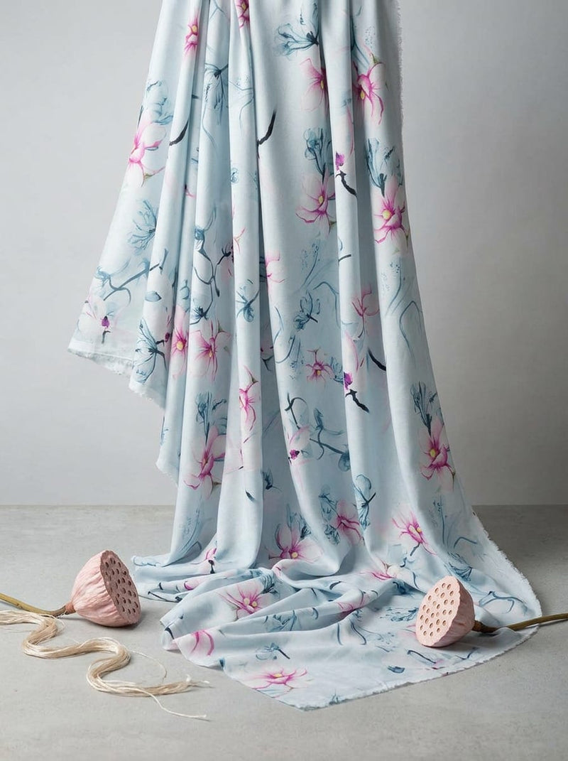 Blue Watercolour Magnolia Floral Rayon Digital Printed Fabric