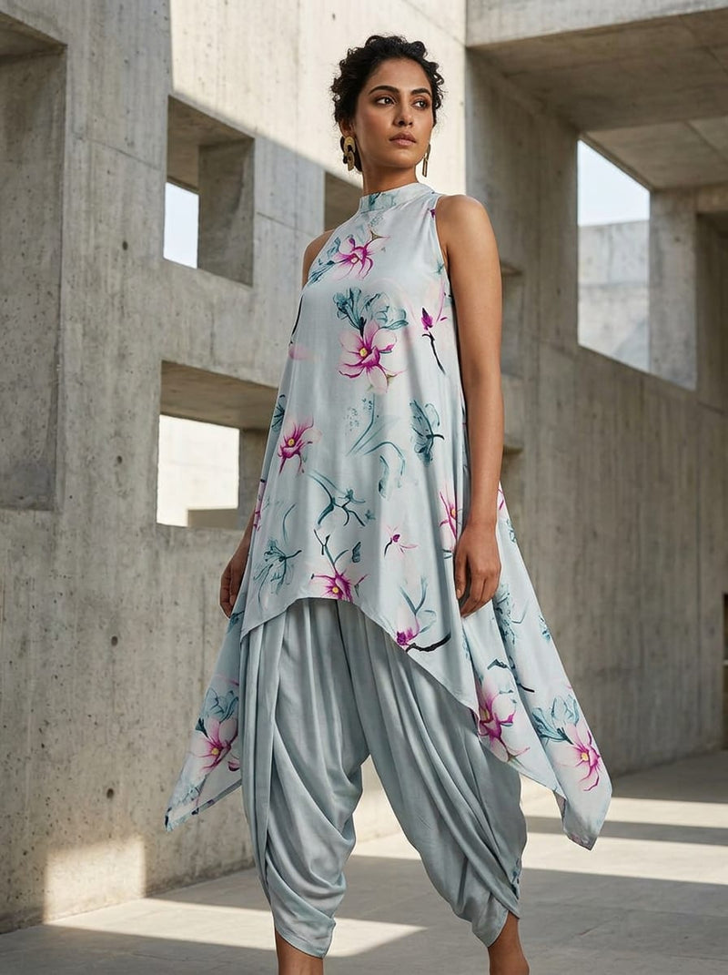 Blue Watercolour Magnolia Floral Rayon Digital Printed Fabric
