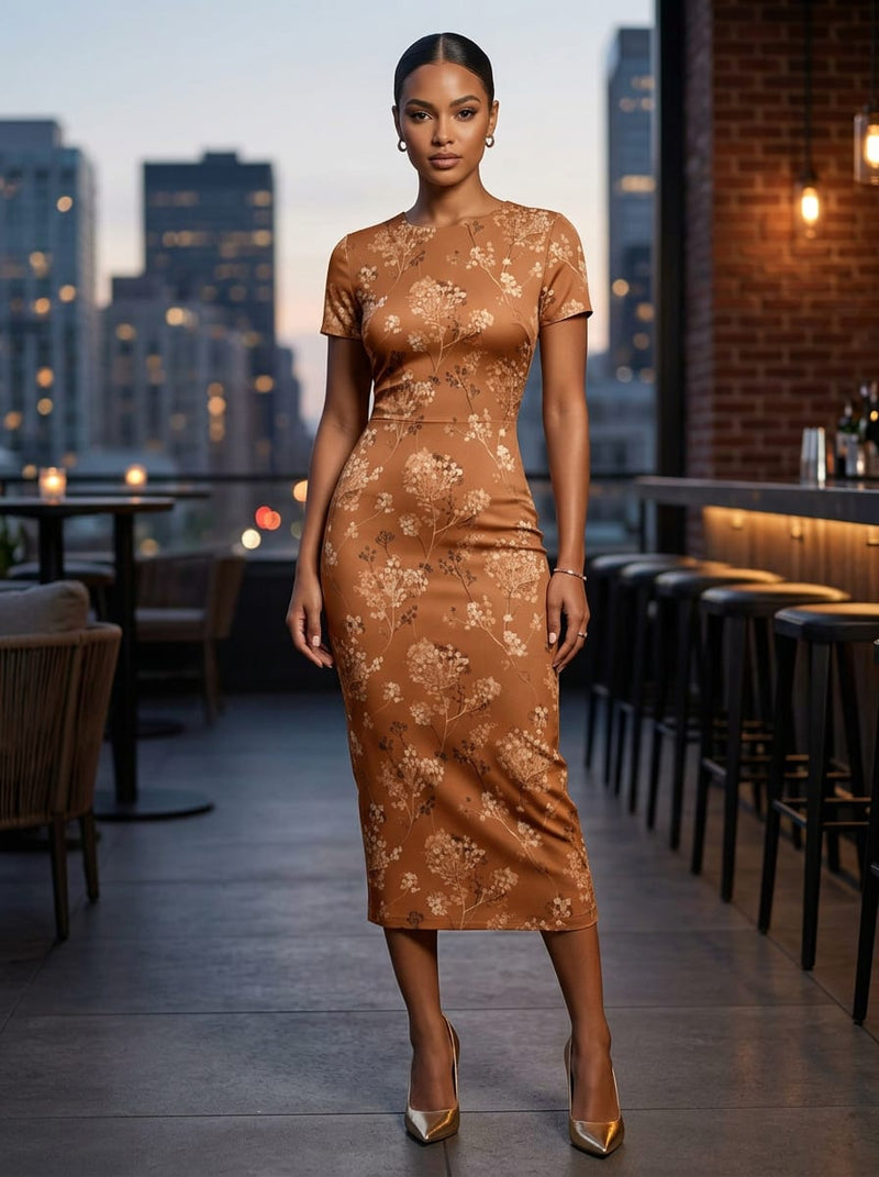 Brown Ditsy Wildflower Branch Print Silk Crepe Digital Printed Fabric